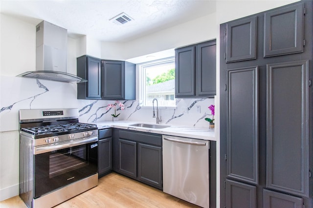 kitchen featuring wall chimney range hood, a sink, stainless steel appliances, light wood-type flooring, and visible vents