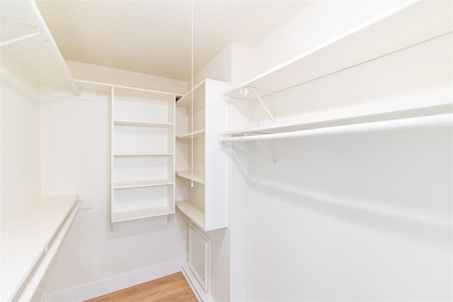 walk in closet with light wood finished floors