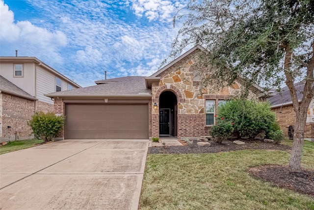 26626 Yukon Straight Dr, Richmond, TX 77406 - view of front of property featuring concrete driveway, stone siding, a front yard, brick siding, and a garage