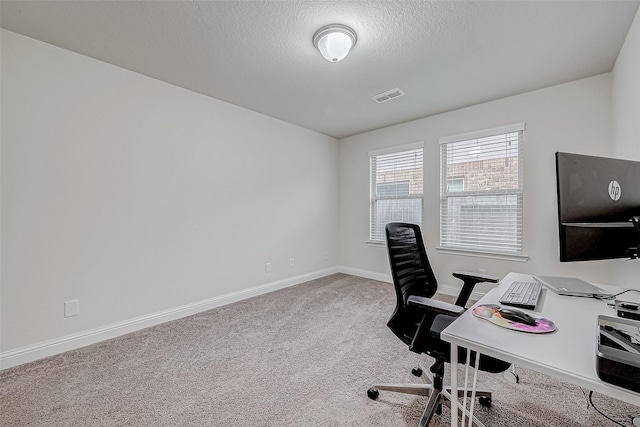 26626 Yukon Straight Dr, Richmond, TX 77406 - office area featuring visible vents, baseboards, carpet, and a textured ceiling