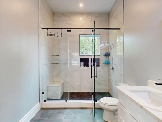 full bath featuring vanity, recessed lighting, a stall shower, and toilet
