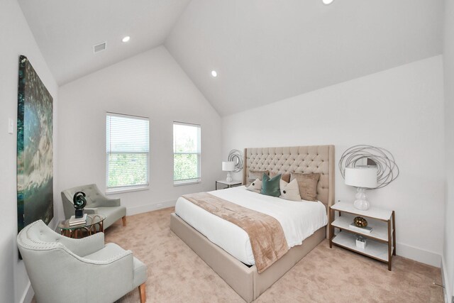 1049 Glenn Ave, Houston, TX 77088 - carpeted bedroom with high vaulted ceiling, baseboards, visible vents, and recessed lighting