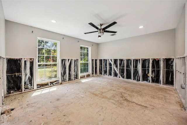 spare room featuring recessed lighting, visible vents, and a ceiling fan