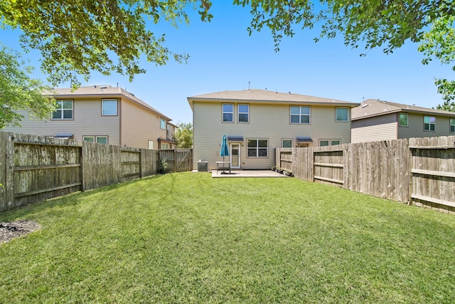 back of house with a yard, a patio, cooling unit, and a fenced backyard