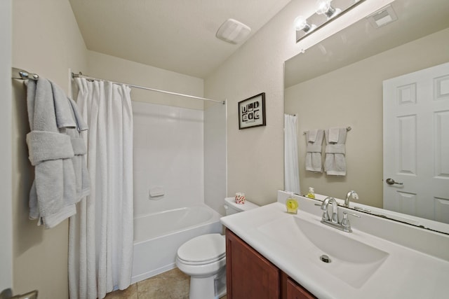 bathroom with visible vents, shower / bath combo with shower curtain, vanity, toilet, and tile patterned floors