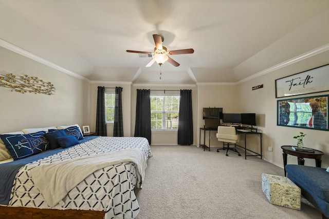 bedroom featuring a ceiling fan, crown molding, baseboards, lofted ceiling, and carpet flooring