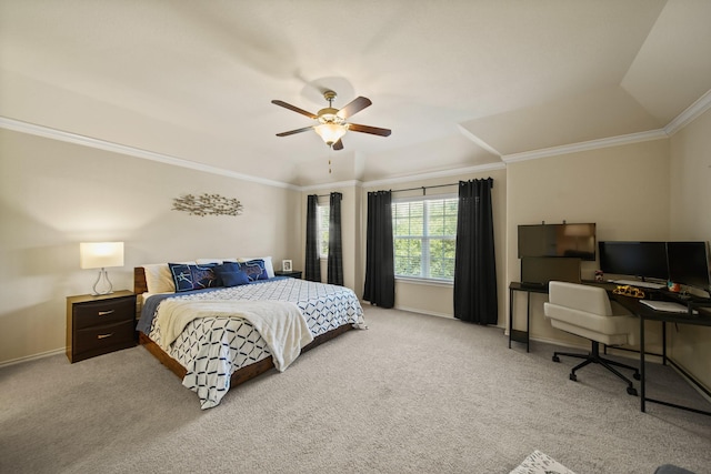 bedroom with carpet flooring, a ceiling fan, baseboards, and ornamental molding