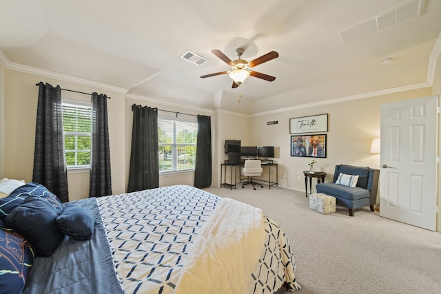 carpeted bedroom with crown molding, ceiling fan, and visible vents