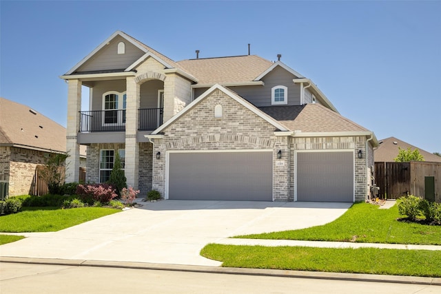 view of front of home featuring a front yard, a shingled roof, a garage, fence, and driveway