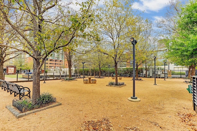 view of home's community featuring fence