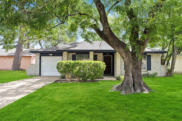 ranch-style house with a garage, brick siding, driveway, and a front lawn