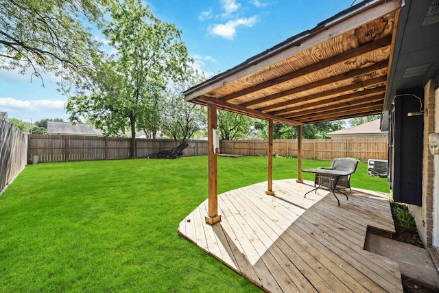 view of yard featuring a fenced backyard, a wooden deck, and central air condition unit