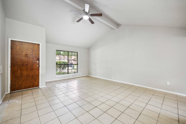 spare room with ceiling fan, baseboards, vaulted ceiling with beams, and light tile patterned floors