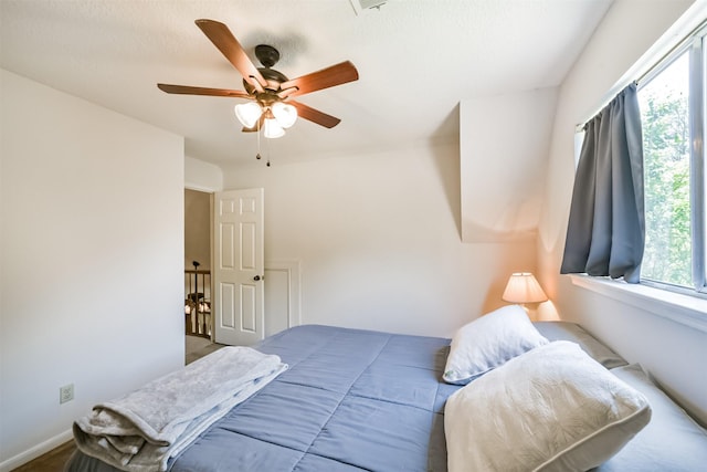 bedroom featuring a ceiling fan and multiple windows