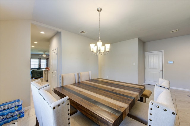 dining space with recessed lighting, light tile patterned floors, visible vents, and ceiling fan with notable chandelier