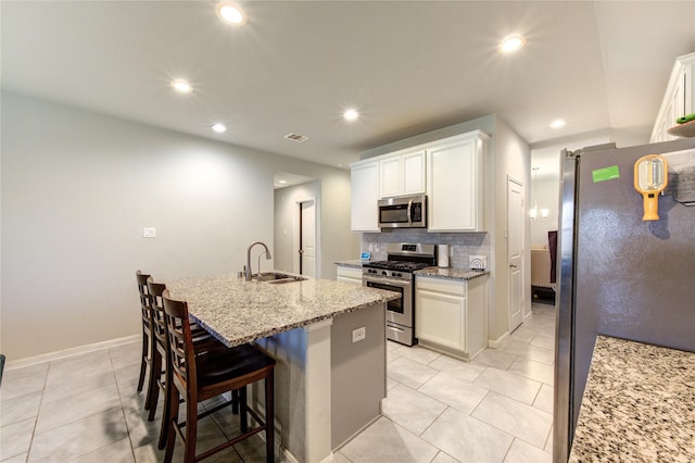 kitchen with white cabinets, visible vents, decorative backsplash, stainless steel appliances, and a sink