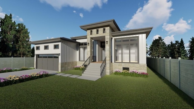 6322 Wynnwood Ln, Houston, TX 77008 - view of front of home featuring stone siding, concrete driveway, a front yard, and fence