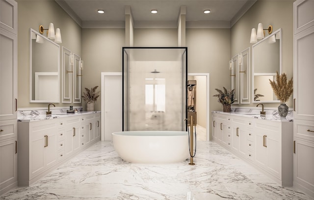 6322 Wynnwood Ln, Houston, TX 77008 - full bathroom with a freestanding tub, marble finish floor, and vanity