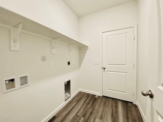 clothes washing area with laundry area, hookup for a washing machine, hookup for an electric dryer, baseboards, and dark wood-style floors