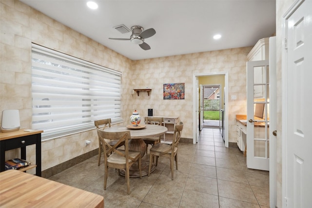 12538 W Pavilion Ct W, Tomball, TX 77377 - dining room with a ceiling fan, tile patterned flooring, recessed lighting, and baseboards