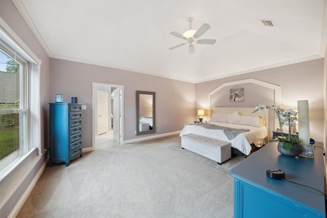 12538 W Pavilion Ct W, Tomball, TX 77377 - carpeted bedroom with baseboards, ornamental molding, and a ceiling fan