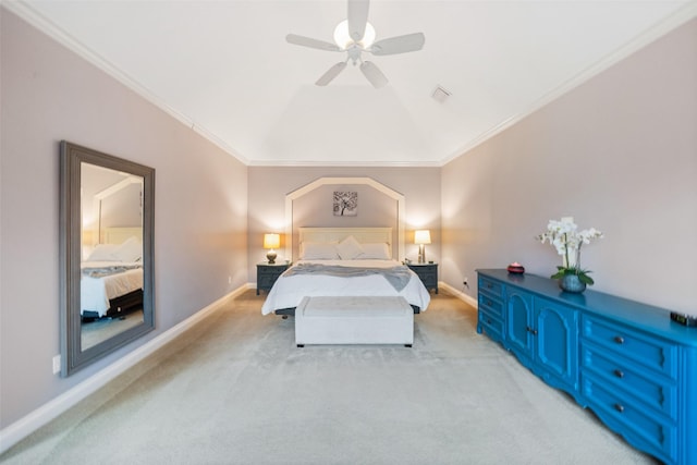 12538 W Pavilion Ct W, Tomball, TX 77377 - bedroom featuring ornamental molding, light carpet, baseboards, a ceiling fan, and lofted ceiling