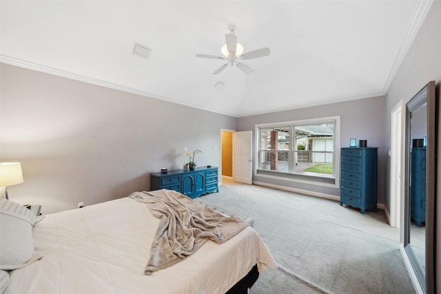 12538 W Pavilion Ct W, Tomball, TX 77377 - bedroom featuring light carpet, crown molding, lofted ceiling, ceiling fan, and baseboards