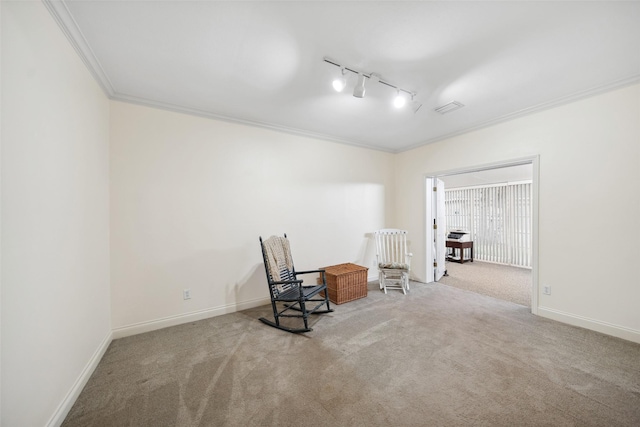 12538 W Pavilion Ct W, Tomball, TX 77377 - living area featuring carpet floors, ornamental molding, baseboards, and track lighting