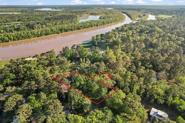 198 Walnut Ln, Trinity, TX 75862 - aerial overview of property's location with a forest, a nearby body of water, and property boundaries highlighted