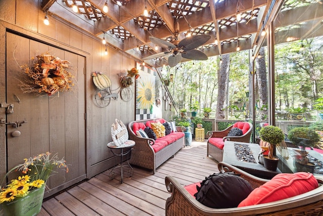 53 Litchfield Ln, Houston, TX 77024 - sunroom / solarium featuring an outdoor living space and a ceiling fan