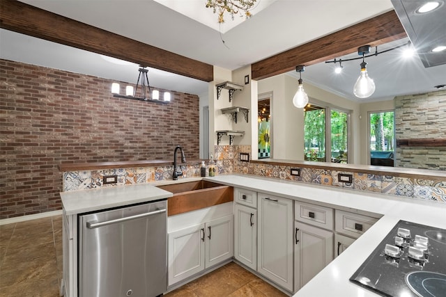 53 Litchfield Ln, Houston, TX 77024 - kitchen featuring stainless steel dishwasher, a sink, a peninsula, black cooktop, and brick wall