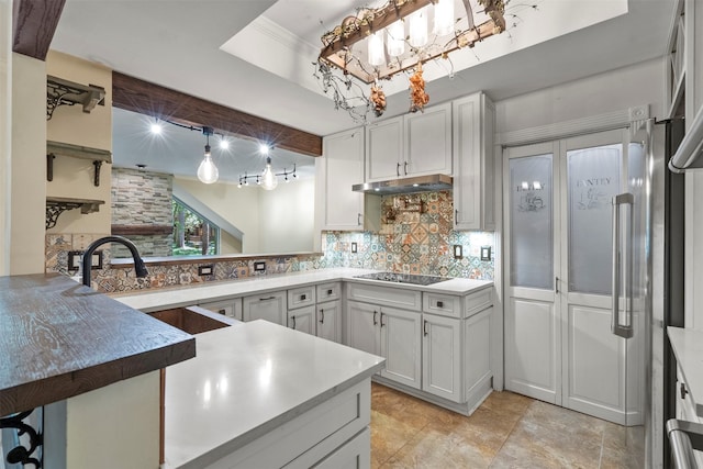 53 Litchfield Ln, Houston, TX 77024 - kitchen with tasteful backsplash, black electric stovetop, under cabinet range hood, a sink, and a peninsula