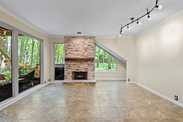 53 Litchfield Ln, Houston, TX 77024 - unfurnished living room featuring ornamental molding, a fireplace, tile patterned floors, and baseboards