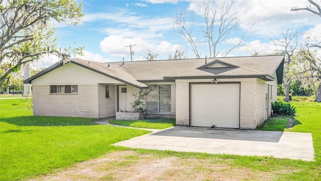 ranch-style home featuring a garage, brick siding, a front lawn, and dirt driveway