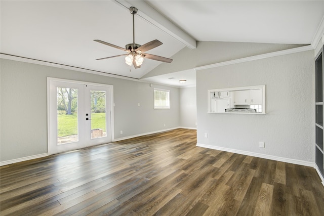 unfurnished living room featuring french doors, a ceiling fan, lofted ceiling with beams, and dark wood-style floors
