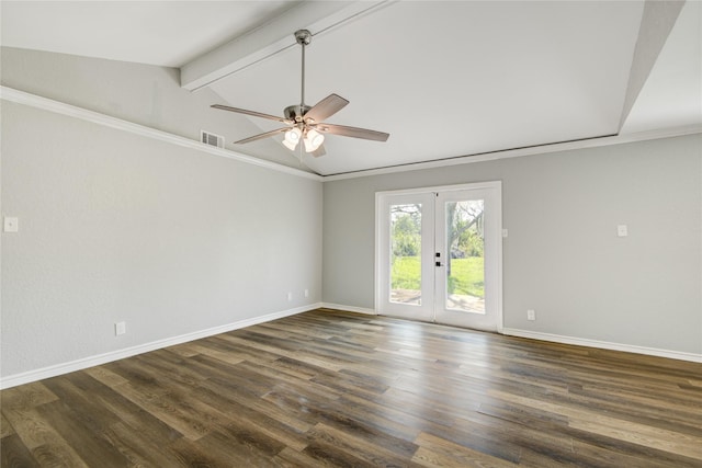 empty room with ceiling fan, lofted ceiling with beams, visible vents, french doors, and baseboards