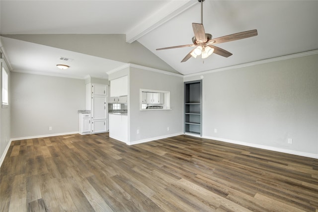 unfurnished living room with dark wood-style floors, baseboards, a ceiling fan, and visible vents