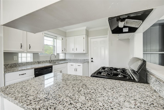 kitchen with white cabinets, dishwasher, a sink, ventilation hood, and gas stove
