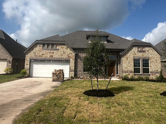 164 Peninsula Point Dr, Montgomery, TX 77356 - french provincial home featuring stone siding, driveway, a front yard, and roof with shingles