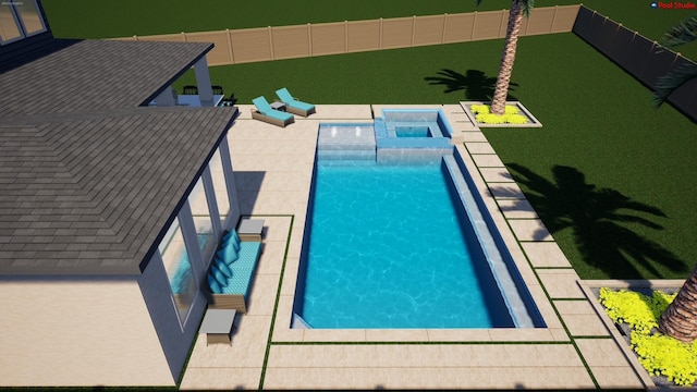 pool featuring an in ground hot tub and a fenced backyard