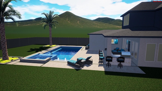 outdoor pool with a patio, a mountain view, a fenced backyard, and a lawn