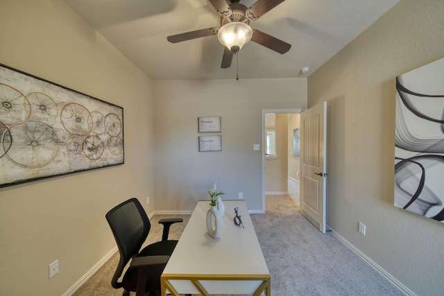 6303 Wood Creek Ln, League City, TX 77573 - home office featuring baseboards, a ceiling fan, and light carpet
