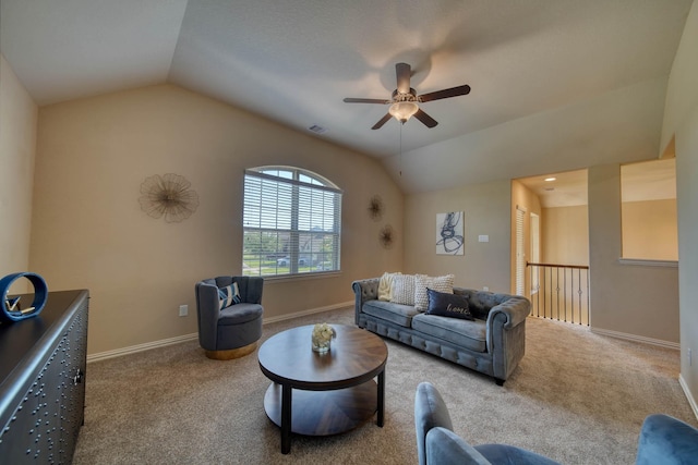6303 Wood Creek Ln, League City, TX 77573 - living room featuring visible vents, baseboards, ceiling fan, carpet floors, and vaulted ceiling