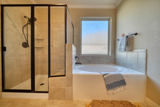 6303 Wood Creek Ln, League City, TX 77573 - full bathroom with a stall shower, a garden tub, ornamental molding, and tile patterned floors