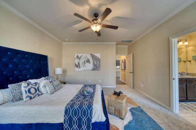 6303 Wood Creek Ln, League City, TX 77573 - bedroom featuring light carpet, visible vents, a sink, and crown molding