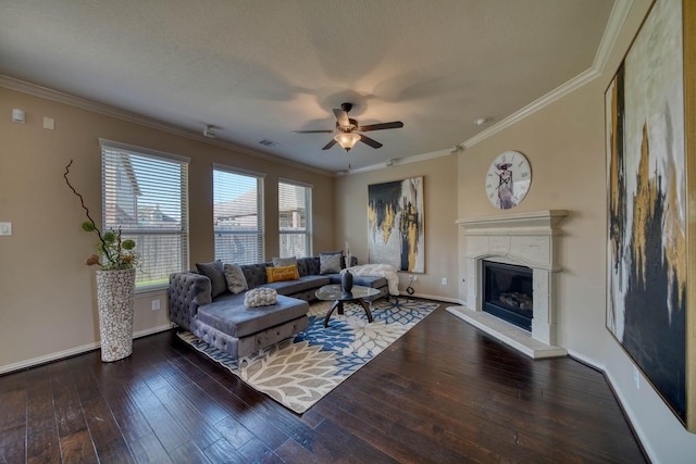 6303 Wood Creek Ln, League City, TX 77573 - living area with visible vents, hardwood / wood-style flooring, crown molding, and ceiling fan