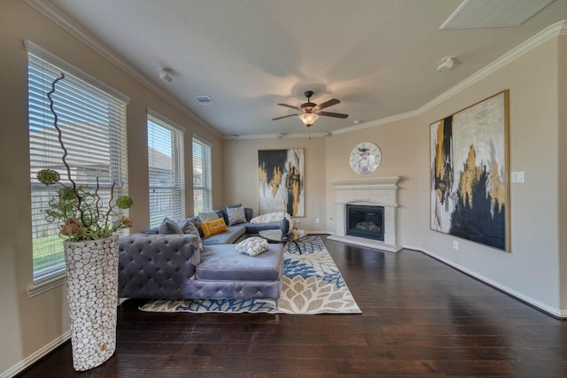 6303 Wood Creek Ln, League City, TX 77573 - living room with hardwood / wood-style floors, crown molding, a ceiling fan, and visible vents