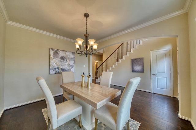 6303 Wood Creek Ln, League City, TX 77573 - dining room featuring a notable chandelier, baseboards, ornamental molding, dark wood-style floors, and stairs