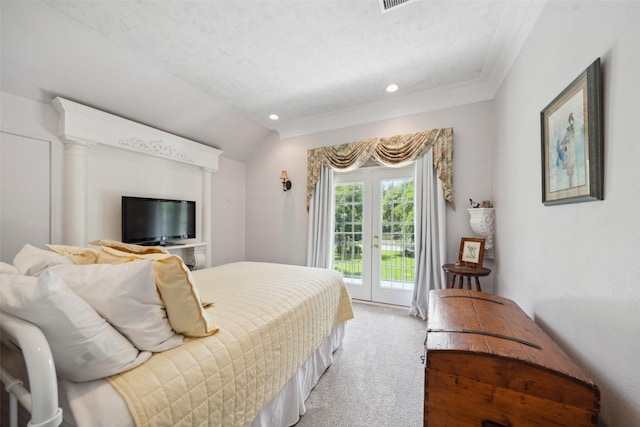 14832 Oak Shores Dr, Willis, TX 77318 - bedroom with access to outside, light carpet, recessed lighting, crown molding, and ornate columns