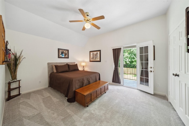 14832 Oak Shores Dr, Willis, TX 77318 - bedroom with access to exterior, light colored carpet, vaulted ceiling, baseboards, and ceiling fan